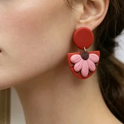 Spring Vintage Ethnic Polymer Clay Sector Half Flower Earrings Set Bright Multi Colors Handmade Dangle Jewelry for Party Wear