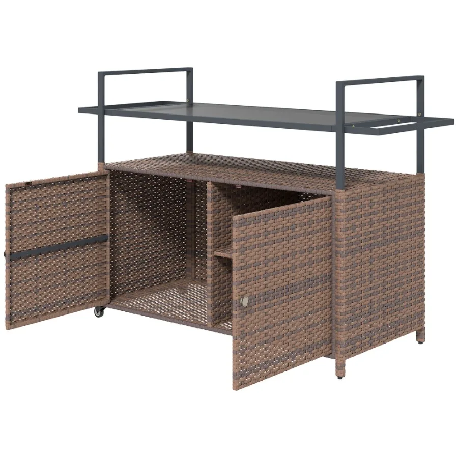 

2Tier Shelf PE Rattan Outdoor Bar Table Glass Top Outdoor Serving Cart with Cabinet Mixed Brown