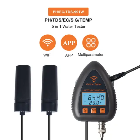 Monitor de Qualidade da Água Online Tuya WiFi 5 em 1, Medidor de Teste de PH, Sólidos Dissolvidos Totais, S.G, EC e Temperatura, Multifuncional para Maricultura