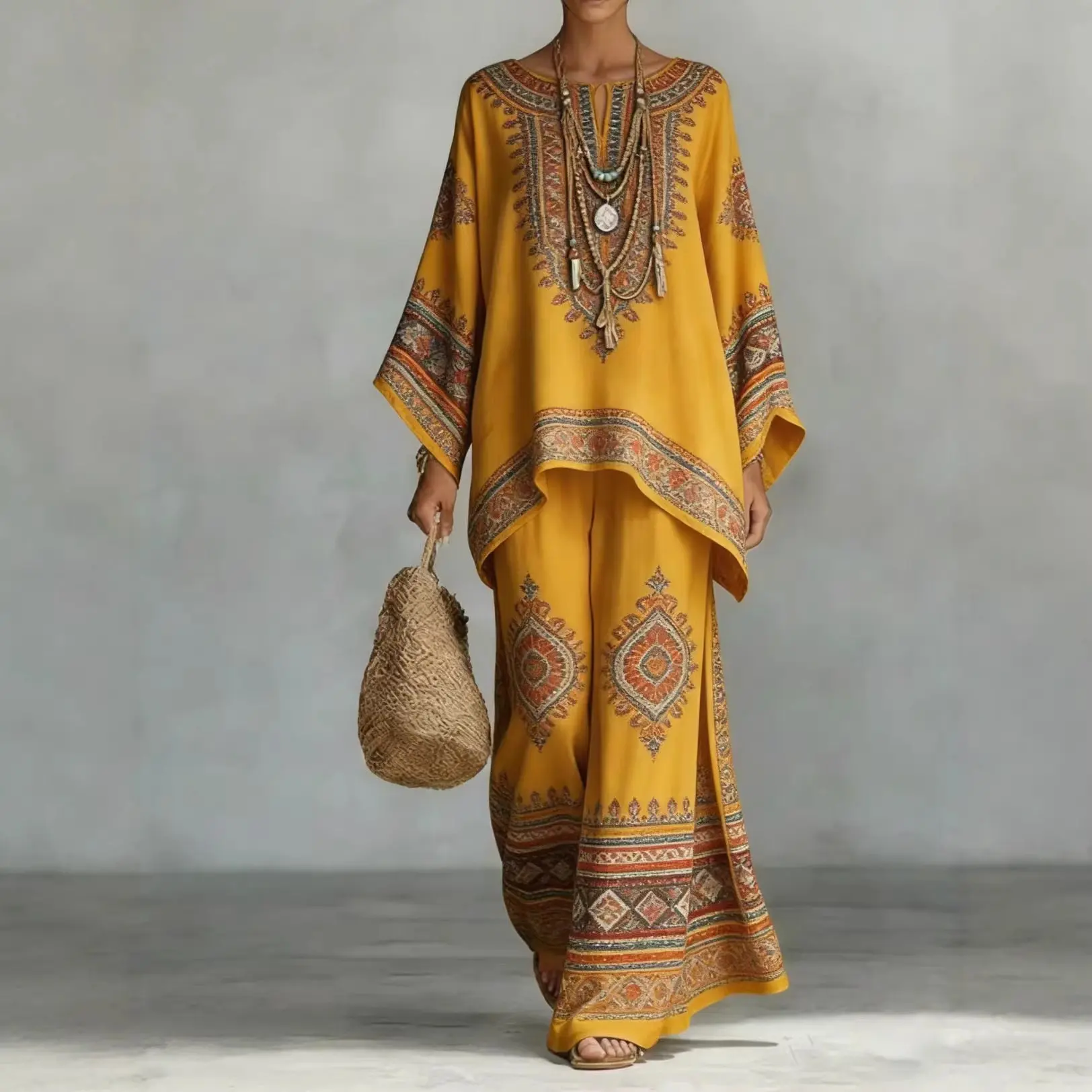 

Boho Women's Spring Summer New Two-piece Set Suit Ethnic Print O Neck Versatile Casual Loose 2-piece Set For Women Clothing