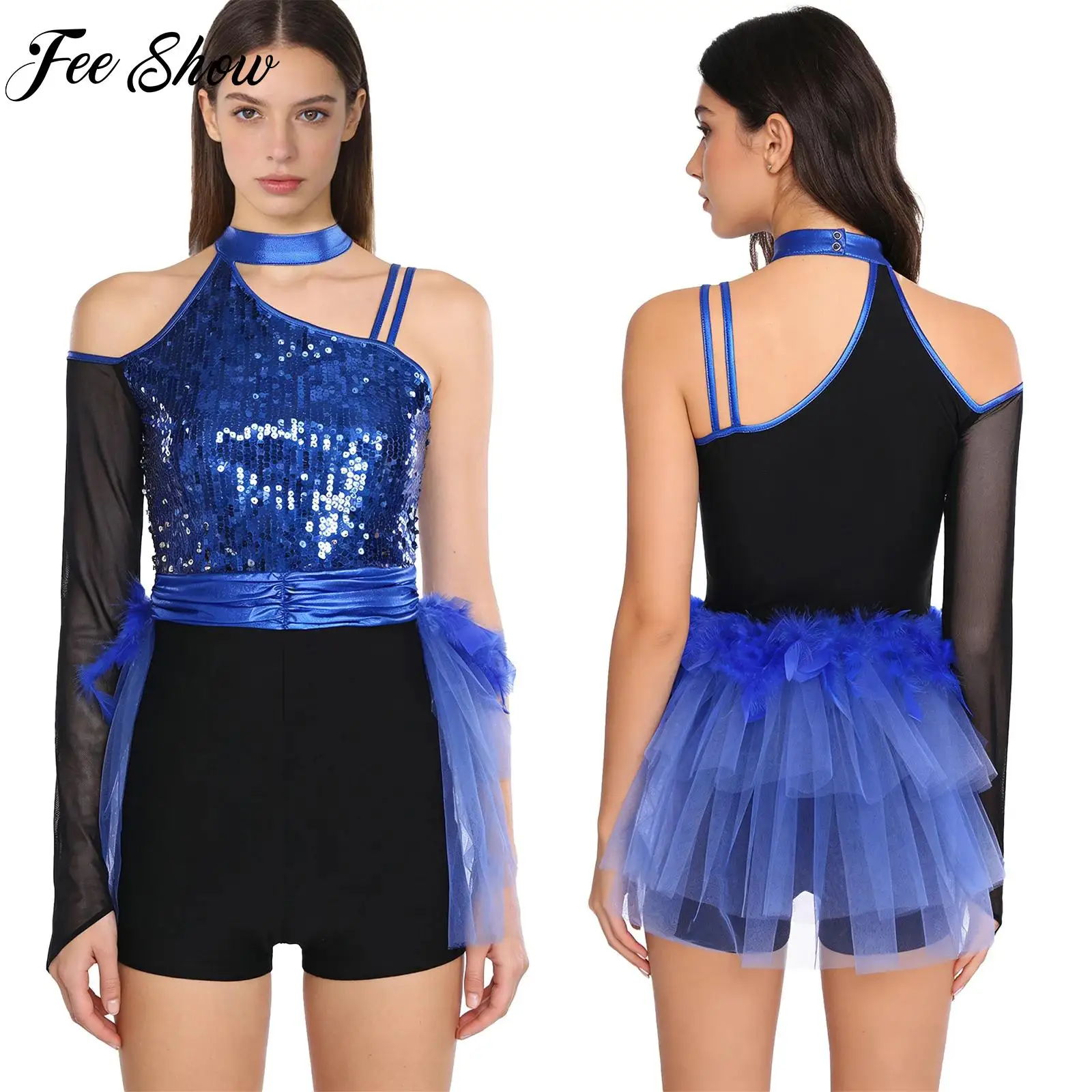 

Женский комбинезон для латинских танцоров на одно плечо с длинными рукавами и блестками, комбинезон с перьями для испанских танцев, чача-самба, выступления