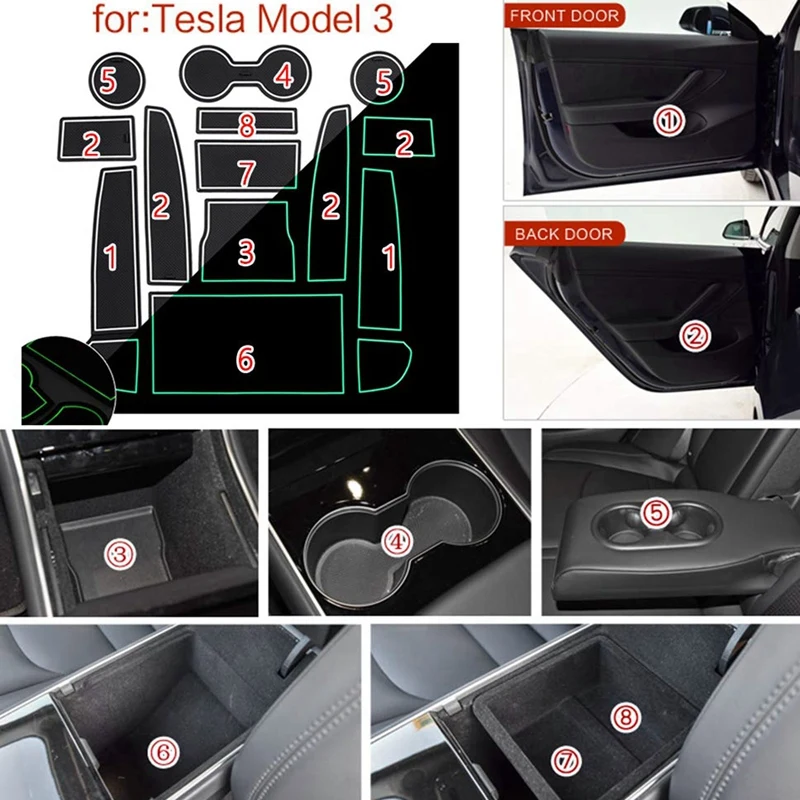 Custom Fit Cup Door Center Console Liner Accessories For Tesla Model 3 2017 2018 2019 13 PC Set