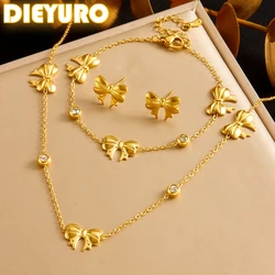 DIEYURO 316L Stainless Steel Round Rhinestone Golden Bowknot Necklace Earrings Bracelet Suit Girl New Trend Bow Jewelry Gift Set