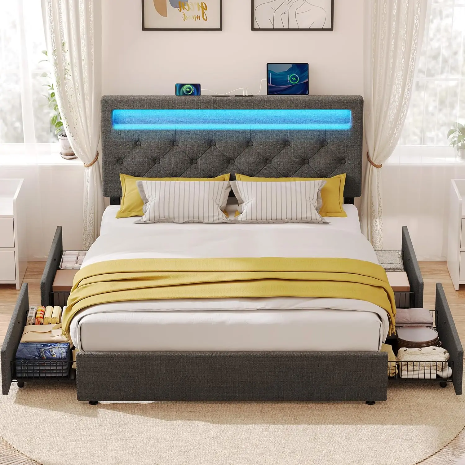 Full Size Bed Frame with Charging Station and LED Lights, Upholstered Bed with Adjustable Headboard and 4 Storage Draw