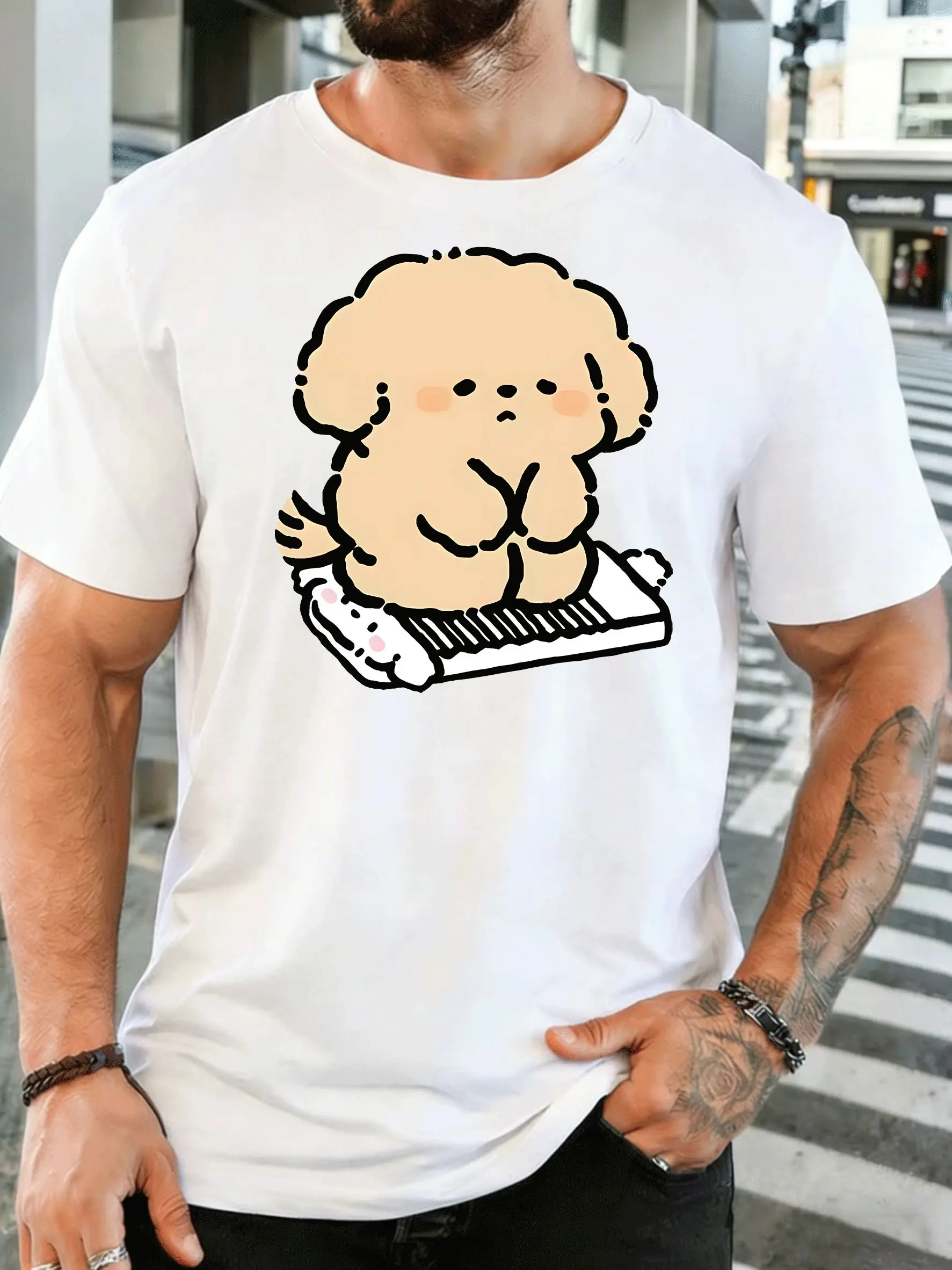 Cute Fluffy Puppy Playing Piano Front Print T Shirt Lovely Cartoon Dog Graphic Tee Casual Short Sleeve Top Music Pet Lover Gift