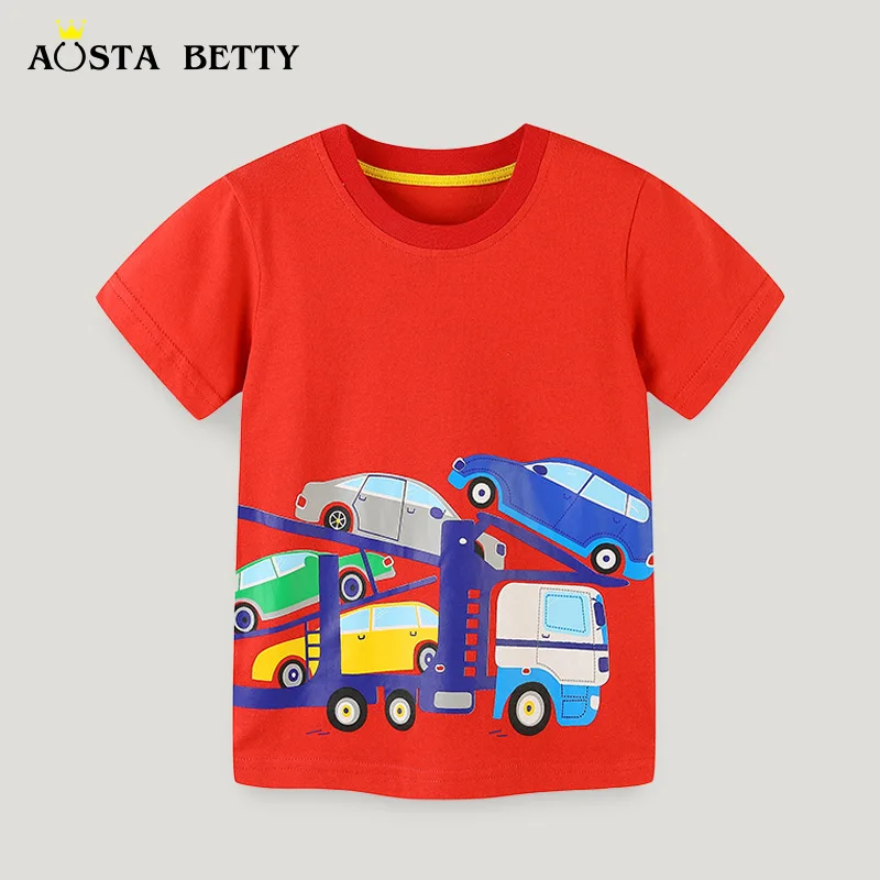 

2024Summer Monsoon Boys' Short SleeveTT-shirt Knitted Cotton Car Cartoon Printed round Neck Baby Bottoming ShirtAosd