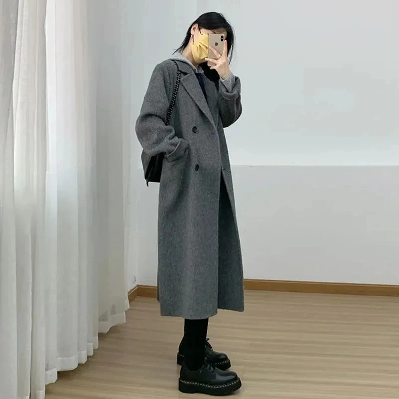 High end Gray double-sided woolen coat women's 2025 Autumn Winter New Temperament Double row button Woolen Coats Long Overcoat