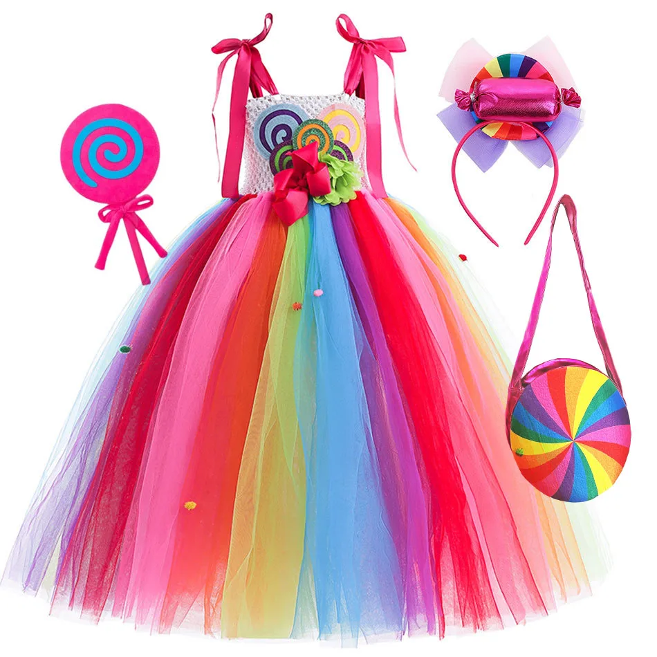 Rainbow Candy Princess Dress Girls Ball Lollipop Purim Costume for Kids with Headband Holiday Birthday Party Clothes Outfits