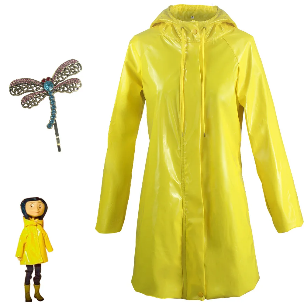 

Movie Coraline Cosplay Costume Characters The Same Children Adult Full Set of Yellow Raincoat Accessories Wig Halloween Costume