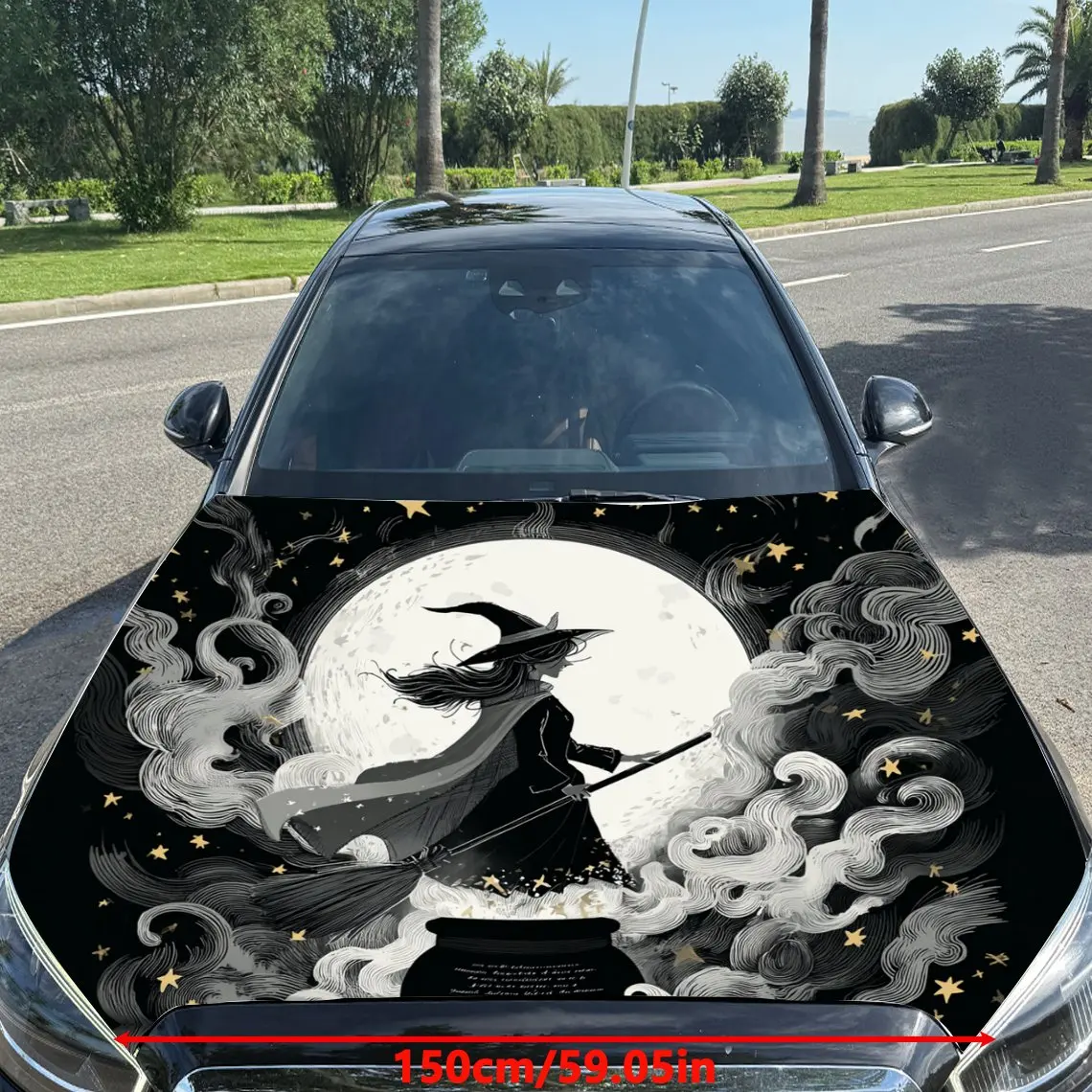 Magic Witch with Stars, Moon and Clouds Car Vinyl Wrap, PVC Material Waterproof Car Hood Sticker, Self-Adhesive Scratch-Resistan