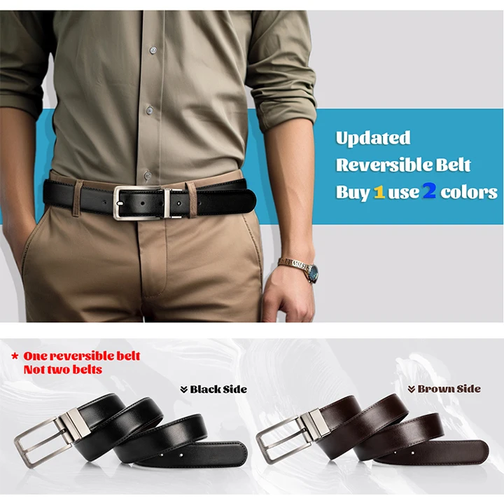 Maikun  Business Reversible Leather Belt For Men Alloy Push-in Pin Buckle Black Belts