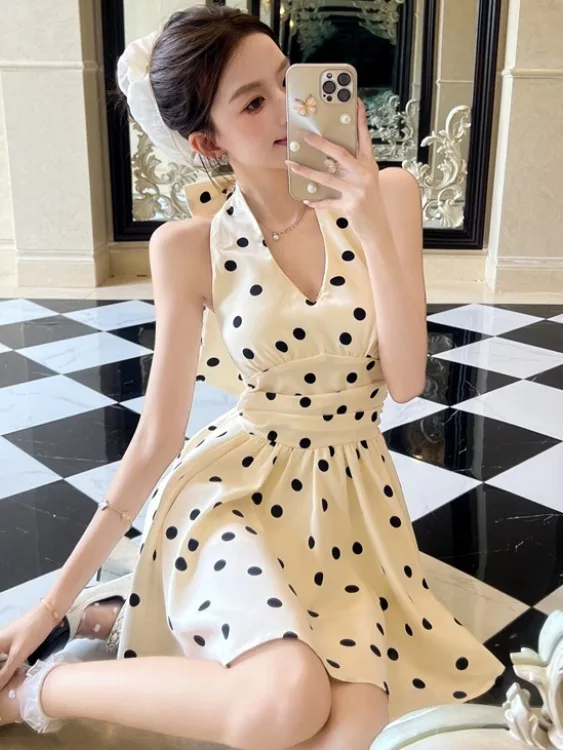 

Элегантное женское платье в горошек с вырезом на груди, с эффектом высокого качества, с подкладкой на груди, приталенное, короткое, летнее, хит продаж, для прогулок по городу