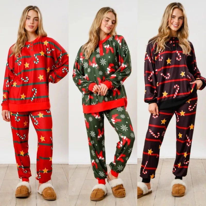 Women's Fashionable Casual Two Piece Suit Christmas Print Long Sleeves Perfect Autumn Winter European American Style XXL Size