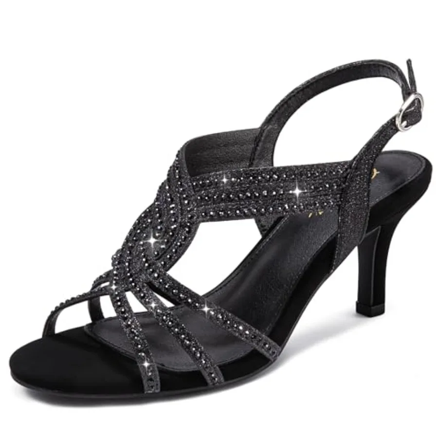 Women Rhinestone Heels Sparkly Dress Shoes High Kitten Heel 3.35 Inch Open Toe Ankle Strap Womens Sandals Wedding