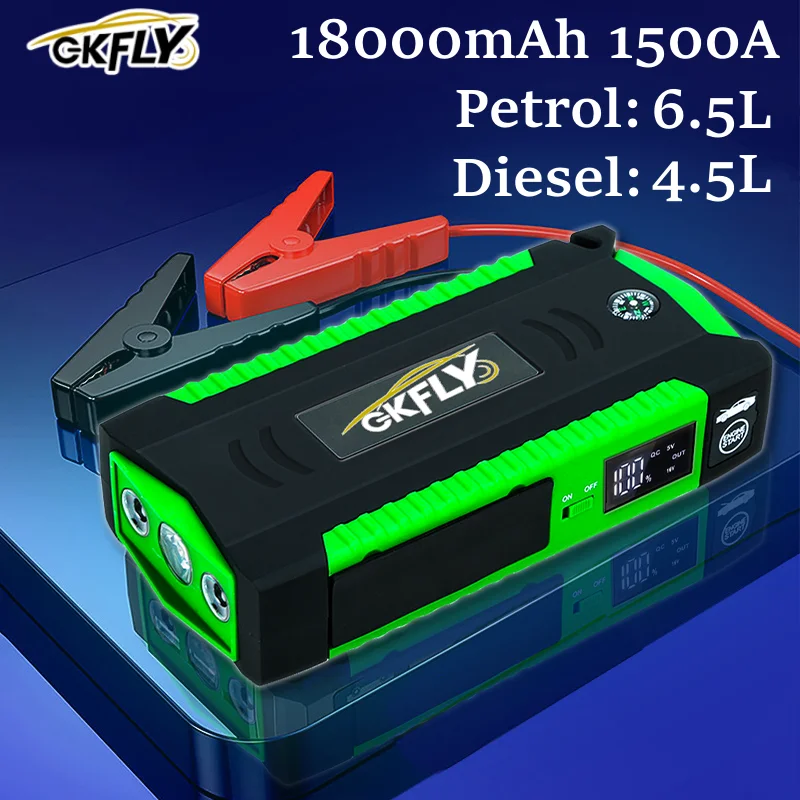 

GKFLY New Updated 18000mAh Car Jump Starter 1500A Emergency Starting Device Car Battery Booster Buster Petrol 6.5L Diesel 4.5L