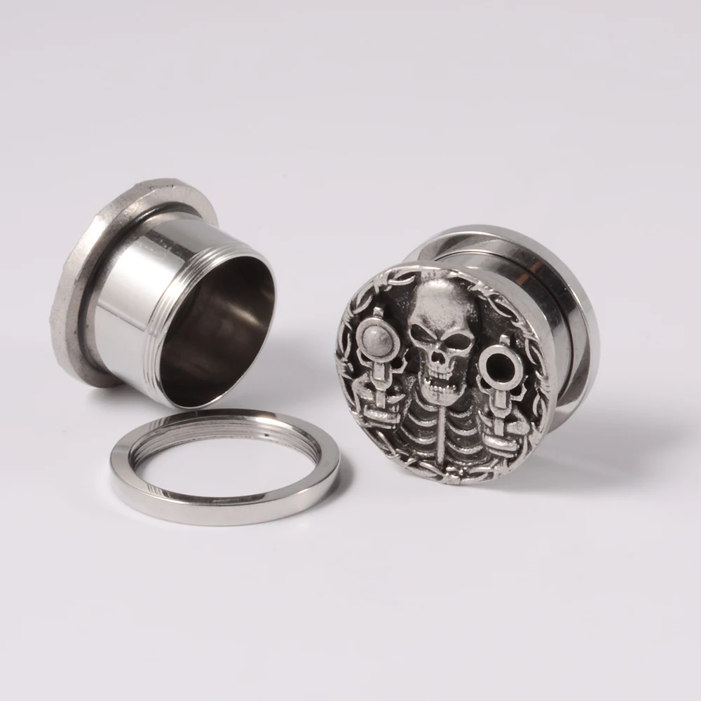 1Pair Punk Stainless Steel Skeleton Ear Stretchers Tunnel External Thread Vintage Ear Gauge Plugs Expander Body Piercing Jewelry