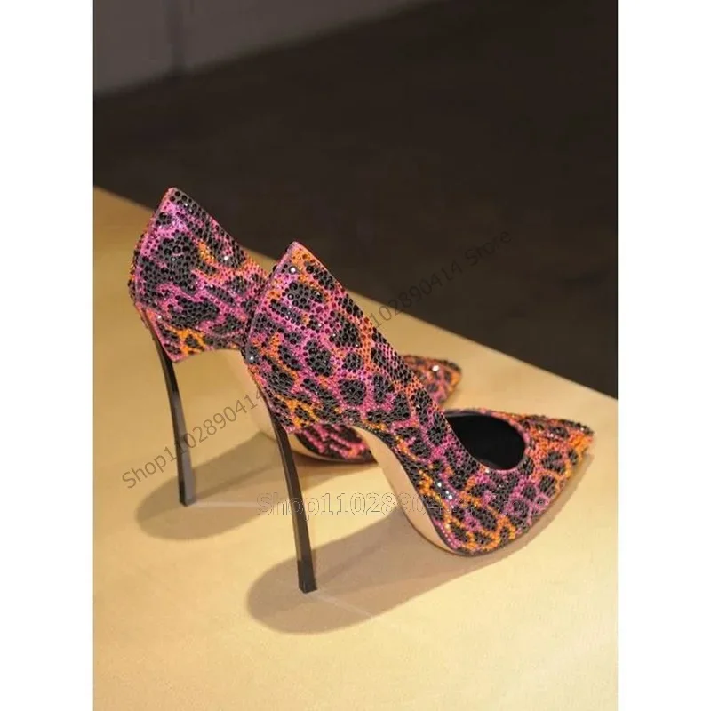 Leopard Print Rhinestone Decor Pointed Toe Pumps Slip On Women Shoes Thin High Heels New Dating Banquet 2026 Zapatos Para Mujere