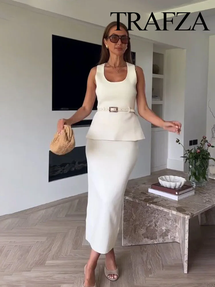 

TRAFZA Women's Knitted Skirt Set Chic Sleeveless O-Neck Belt Decoration Solid Vest Top+Fashion Elastic Waist Hem Slit Midi Skirt