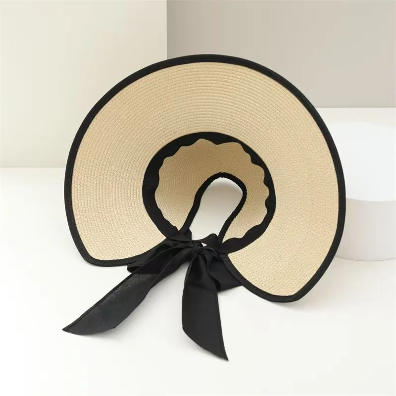 New Women's straw hat summer trip beach sunshade hat Korean fashion bow streamer foldable empty top hat