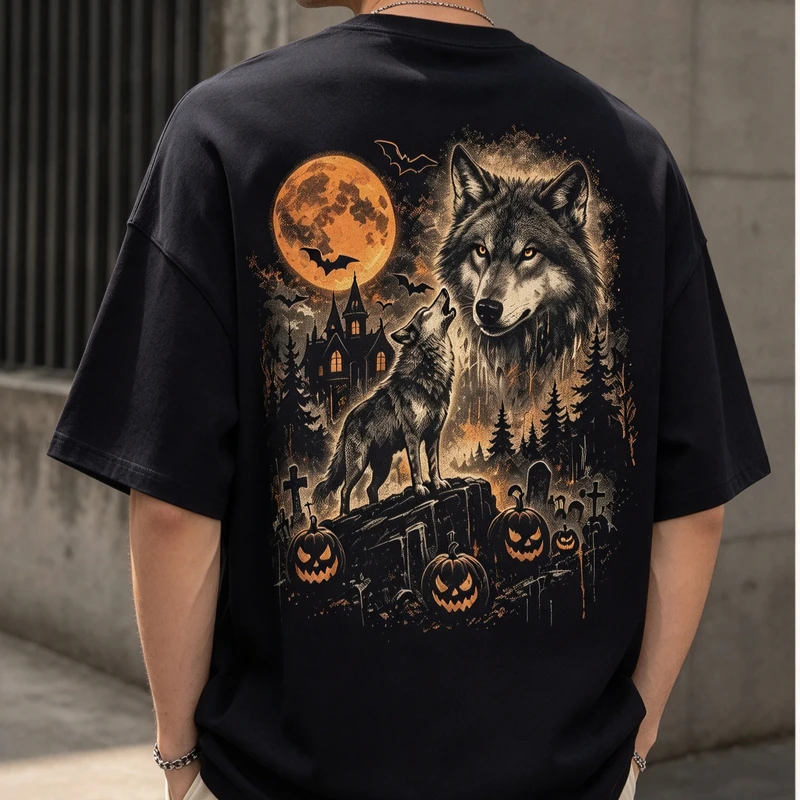 Men Halloween Wolf Graphic T‑Shirt Vintage Full Moon Bat Pumpkin Ghost House Casual Short Sleeve Oversized Tee Harajuku Y2k Top