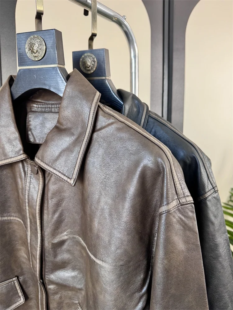 Retro Hong Kong Sle ort Loose Women's Leather Jaet Faionable Slimming Flip Collar PU Leather Coat Autumn Luxury Trend