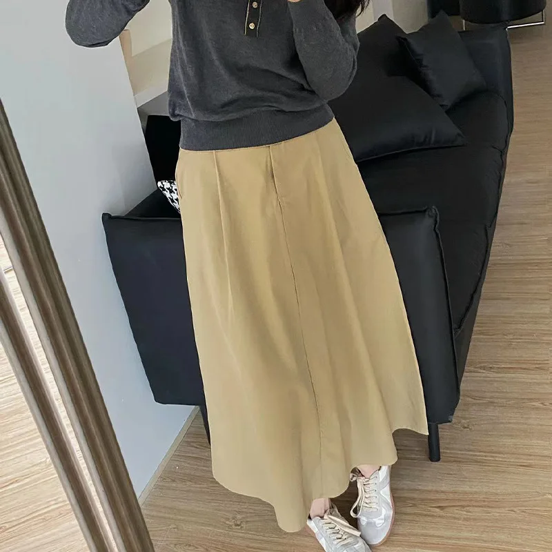 2026 Spring Fashion Tencel-Cotton Blended High-Waisted Slimming A-Line Skirt Elastic Waist Umbrella British Style Women's Skirt