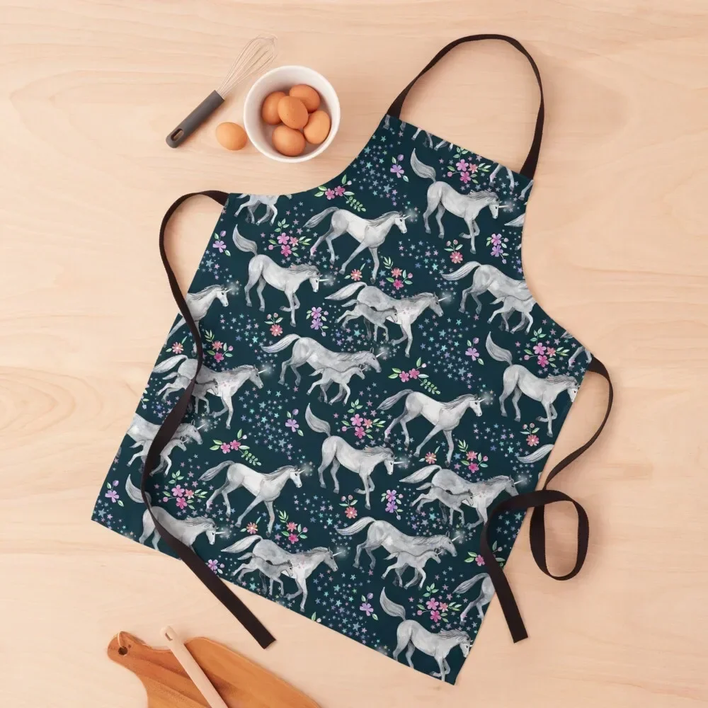 

Unicorns and Stars on Dark Teal Apron For Cosmetologist Chef Uniform For Men with pockets Apron