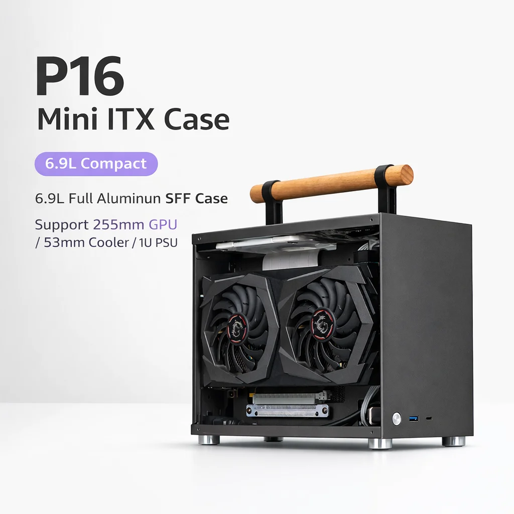 Picture 3: Compact 6.9L Mini ITX Case Full Aluminum SFF Computer Case with PCIe Riser Support 255mm GPU