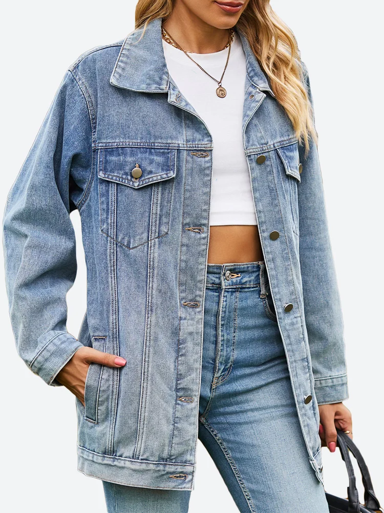 Benuynffy Womens Oversized Button Up Mid Long Jean Coat Spring Fall Distressed Casual Loose Boyfriend Denim Jacket with Pockets