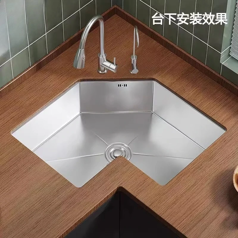 Handmade built-in corner kitchen sink L-shaped 304 stainless steel single-sink kitchen washing sink, suitable for corner cabine
