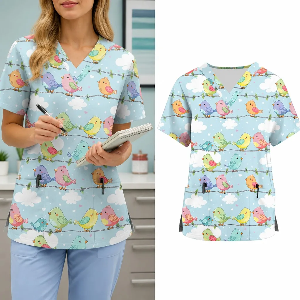 Women's Cartoon Animal Print Work Uniform Nurse Uniform Top V-neck Short Sleeve Medical Work Uniform Top with Pockets - view 5