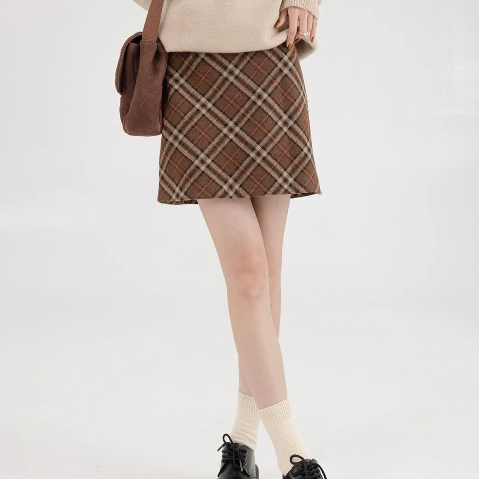 Faldas de pana para mujer, hebilla marrón, borde crudo, Otoño Invierno, acogedor, minimalista, Retro, profesional, calidez de oficina, Academia a cuadros