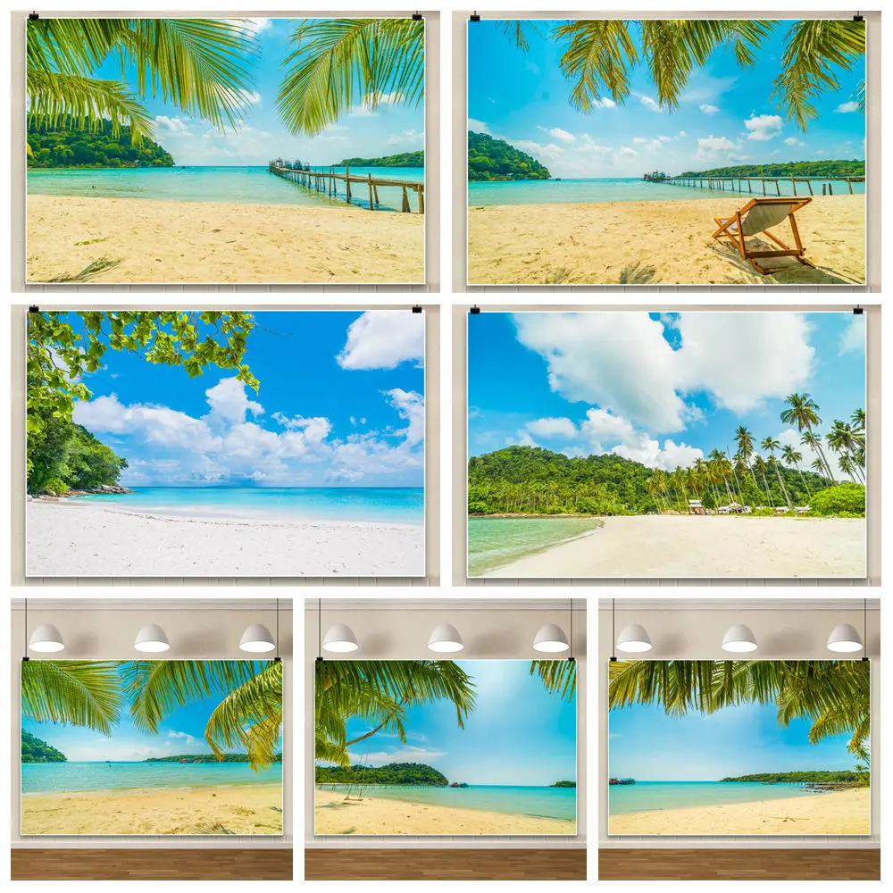 

Summer Sea Beach Photography Background Coconut Tree Rowboat Clouds Seaside Vacation Style Backdrop Cloth Birthday Decorations