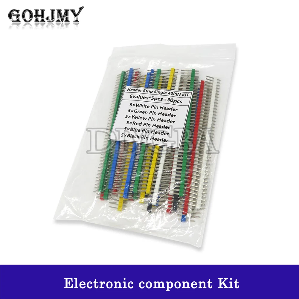 30PCS Pin Connector Male 2.54mm Pitch Pin Header Strip Single Row 40 pin Connector Kit for PCB board 6 Colors Each 5pcs 