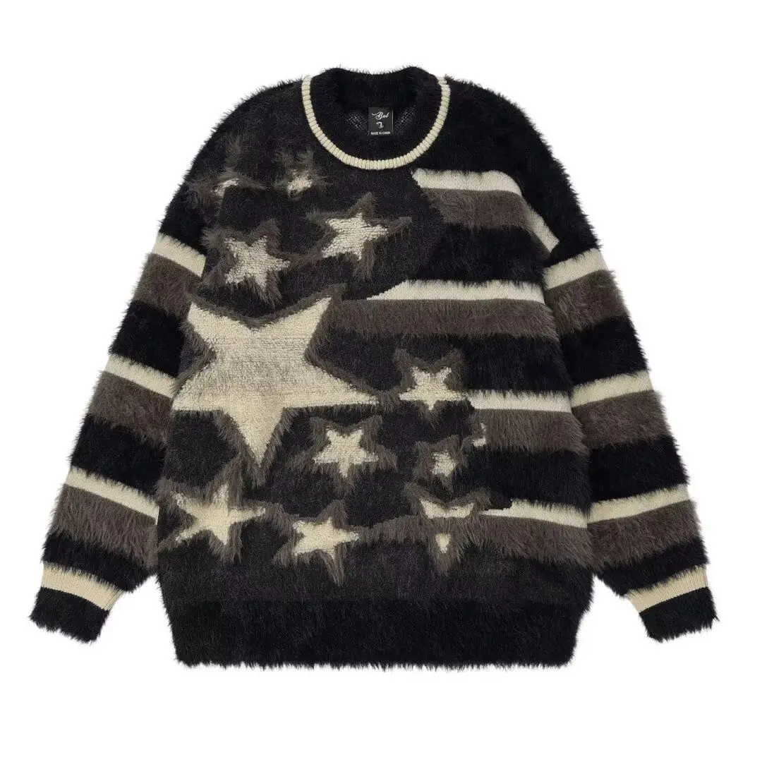 

Женский вязаный свитер в полоску со звездами и круглым вырезом, модная уличная одежда, винтажная верхняя одежда контрастного цвета, женский вязаный пуловер