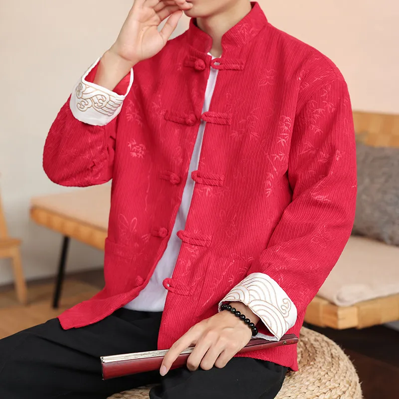 

Осень-зима, мужская бархатная куртка длинного свека на пуговицах, верхняя одежда ханьфу, теплая тонкая воротник-стойка с растительным цветочным узором