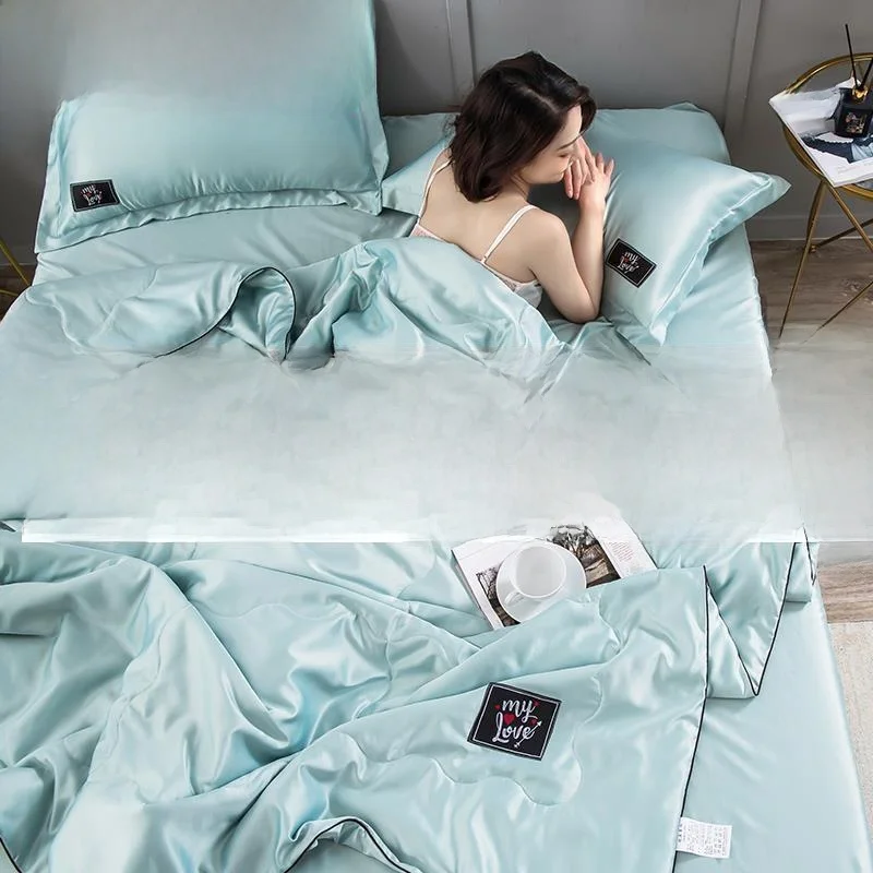 New Ice Silk Summer Cool Quilt Washable Skin-friendly Bedding Four-piece Set Dormitory Three-piece Set Lightweight Fiber Filling