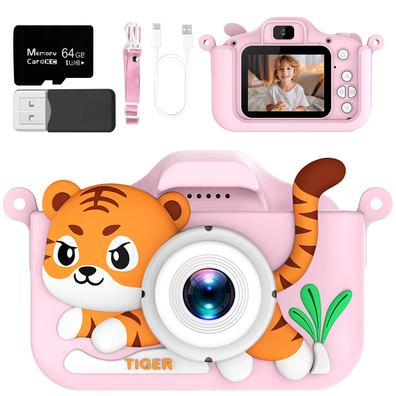 Kids' Camera with 64GB Memory Card and Card Reader 48MP Dual Cameras with 1080p HD Front and Rear Lenses Five Educational Games