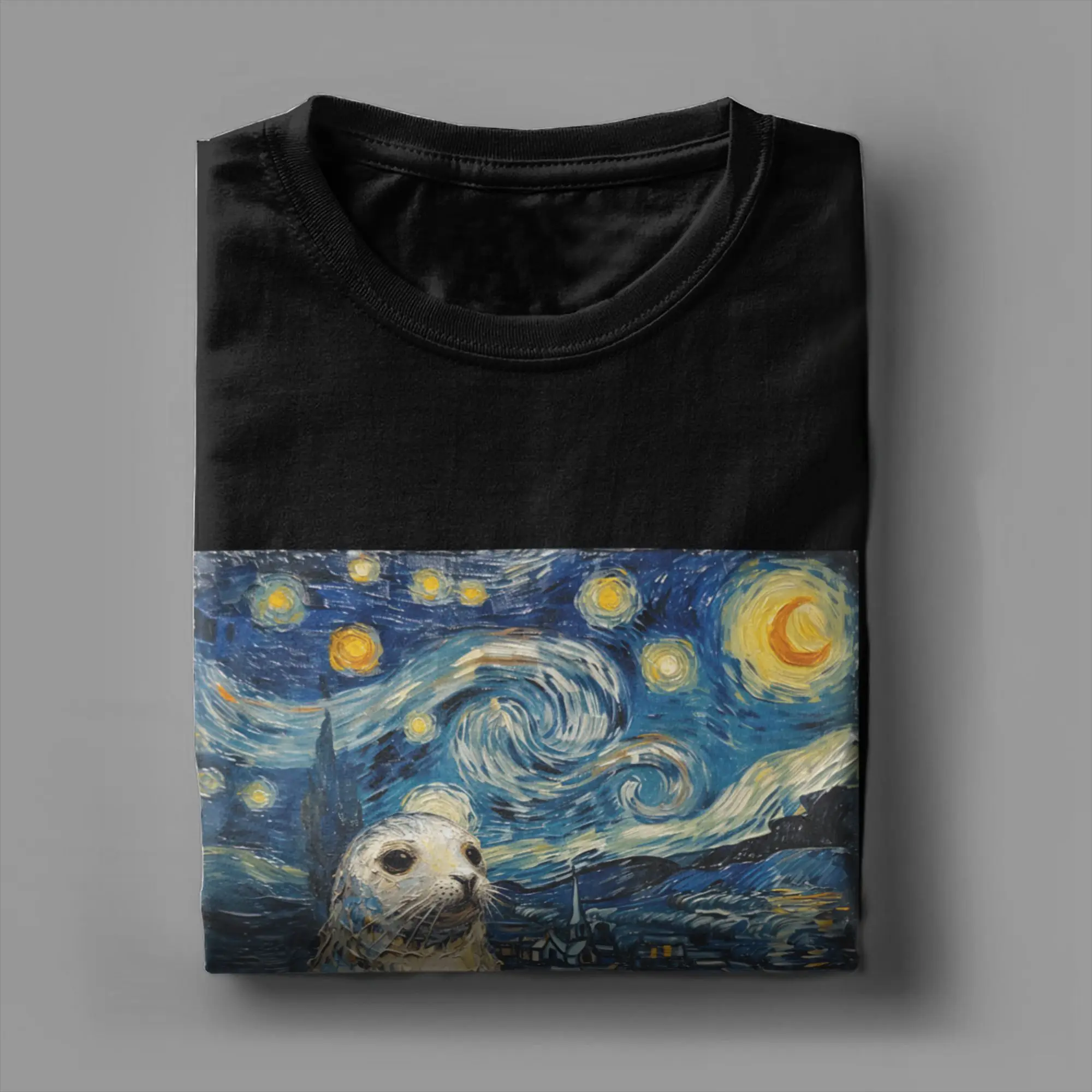 Neil the Seal Starry Night T-Shirts Men  Creative Cotton Tee Shirt Crew Neck Short Sleeve T Shirts Summer Clothing