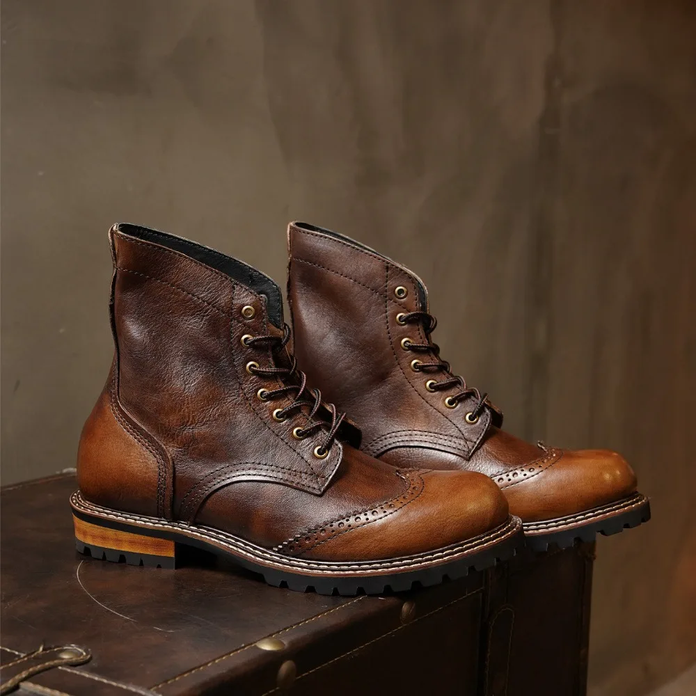 Fashion Men's Genuine Leather Motorcycle Boots Round Toe Carving High-top Brogue Shoes Mid-calf Western Chelsea Boots
