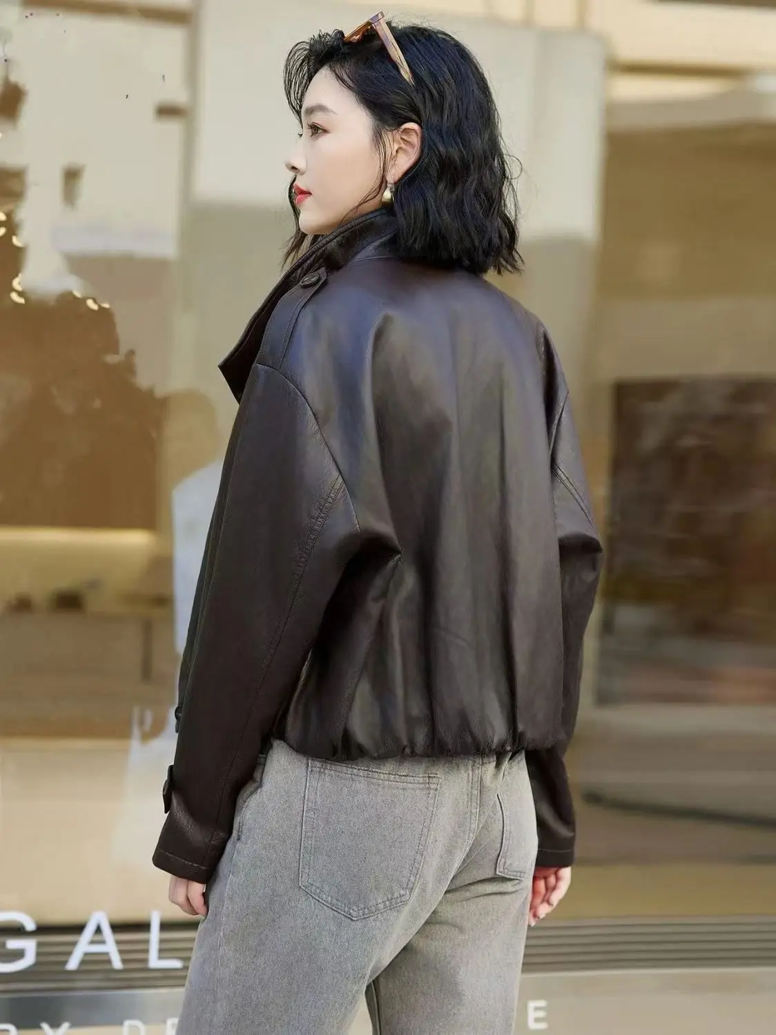 2025 Spring Autumn New Chic Loose Long Sleeve Motorcycle Leather Jacket High-End Stand Collar Leather Coat Women's Short Outwear