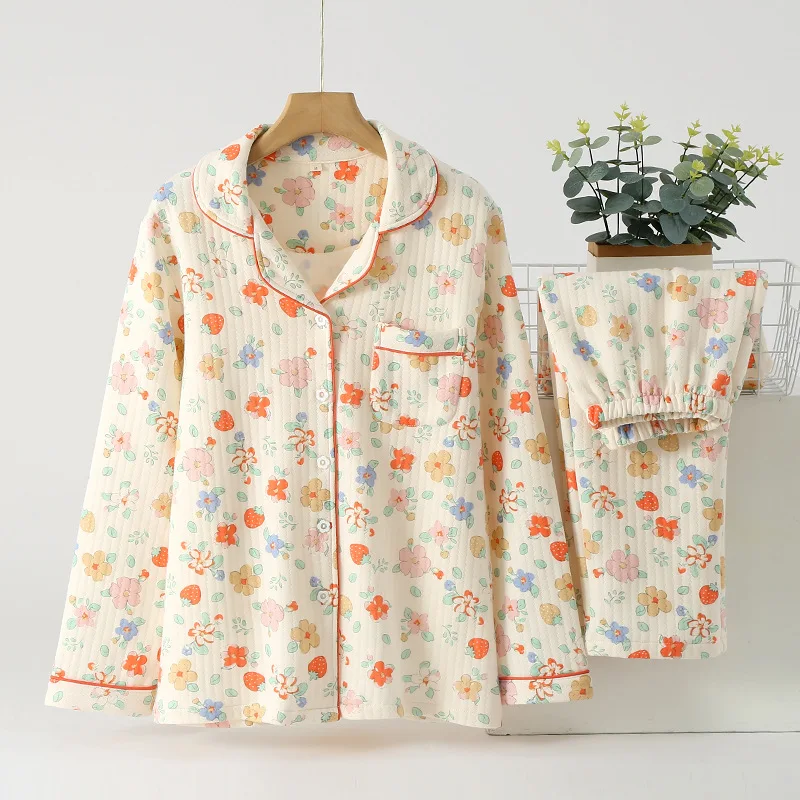 

Air Cotton Home Clothing Women Autumn Winter Thickened Cotton Cardigan Floral Three Layer Insulation Air Layer Pajamas