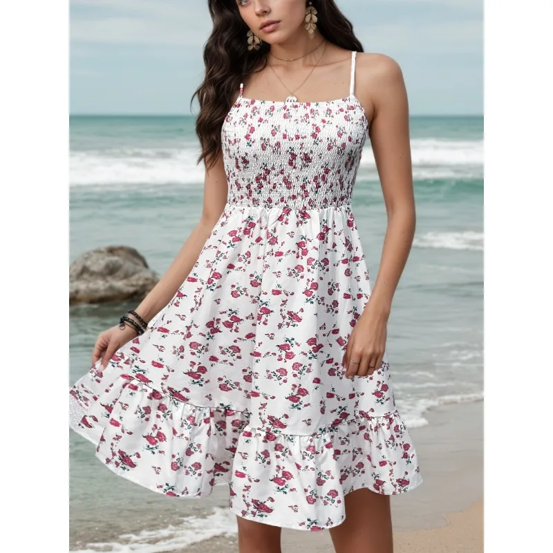 Mini robe de plage pour femmes, motif floral, taille smockée, bretelles Spaghetti, été