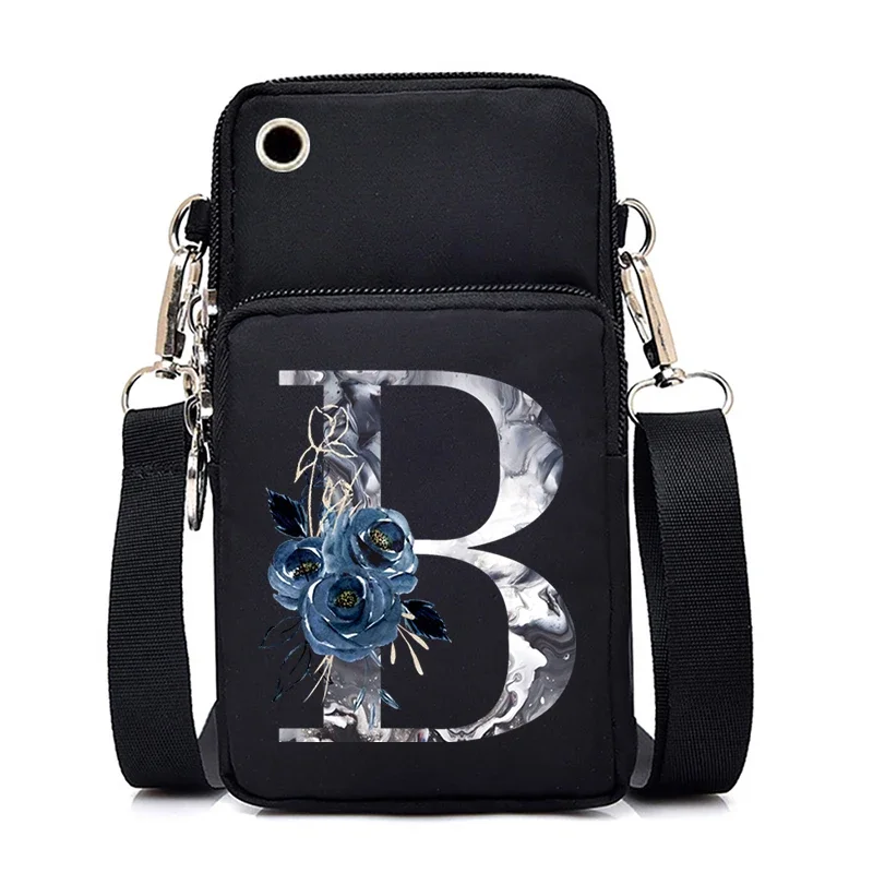 26 Blue Roses Alphabet Small Shoulder Bags Women Mobile Phone Bag Mini Crossbody Messenger Purse Bag Lady Wallet Purses Handbags