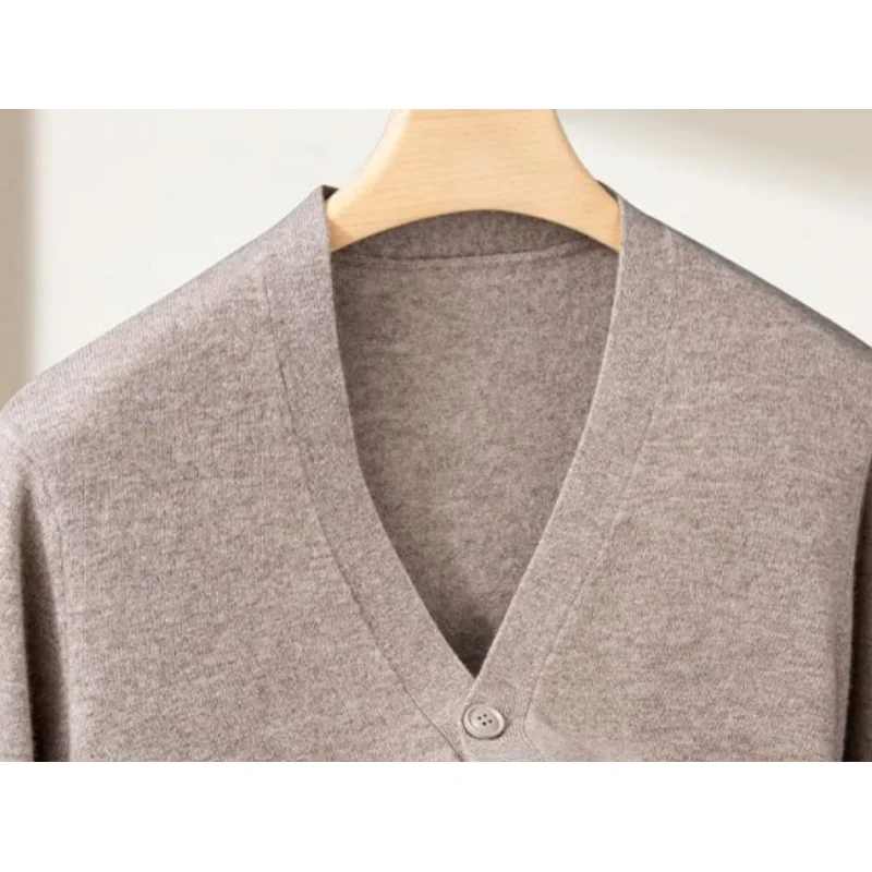 High End 100% Wool Men's Knitted Sweater Spring  Autumn Casual Solid V-neck Cardigan High-quality Machine washable Men's Jacket
