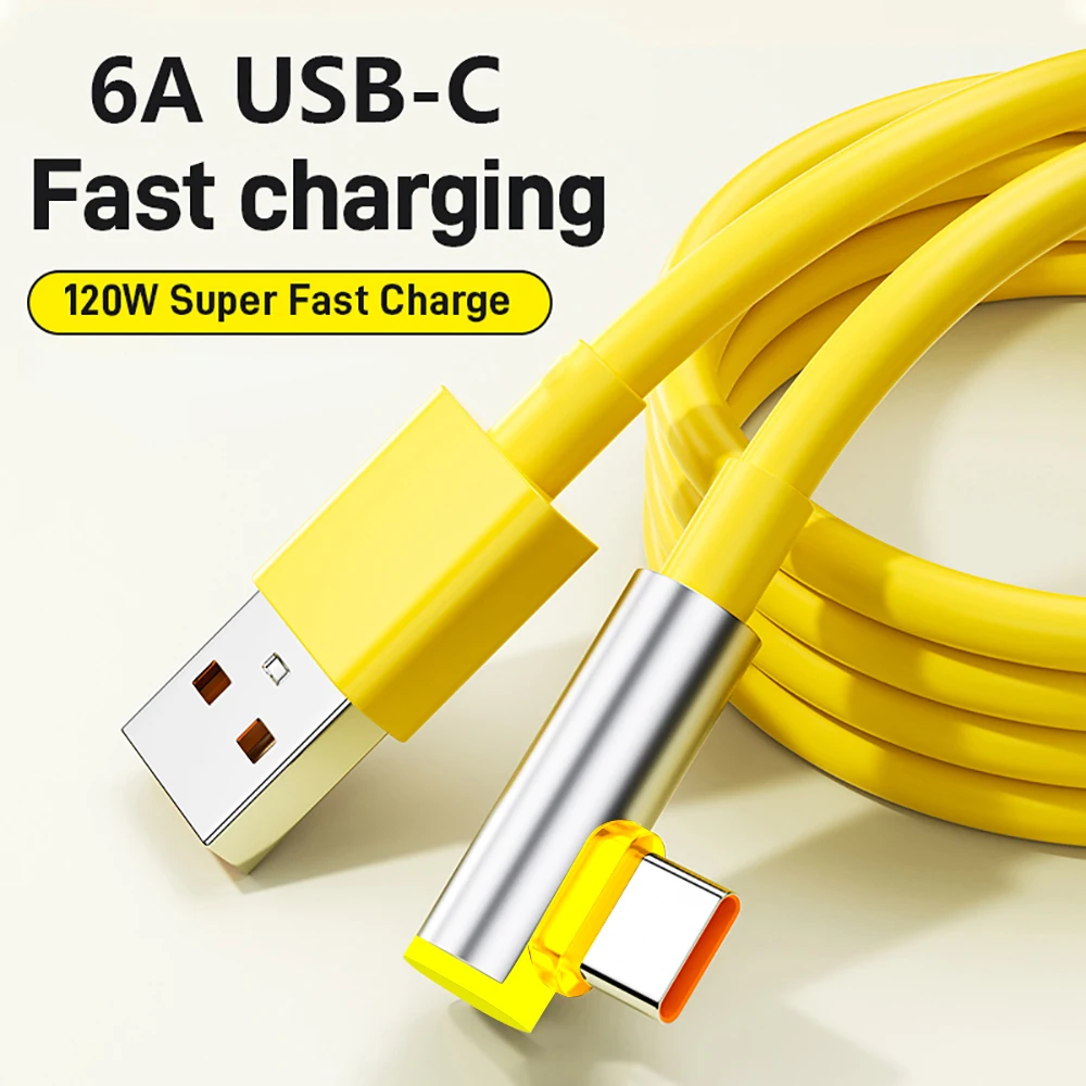 90 Degree Elbow Cable 120W 6A USB Type C Super Fast Charging Phone Charger Data Cord For Samsung Xiaomi Redmi Quick Charge Cable