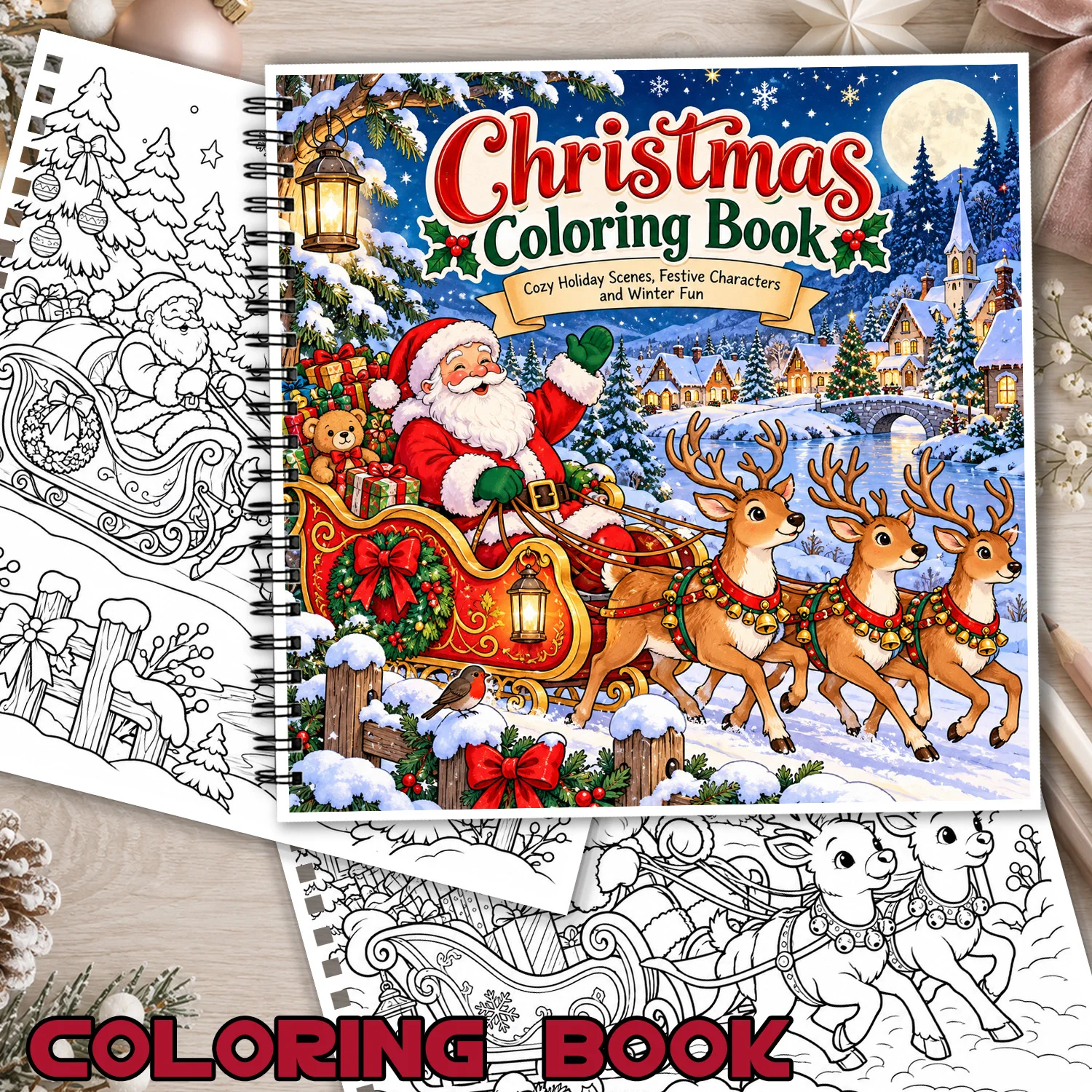 Christmas Coloring Book Spiral Bound 24Pages Showcasing Creativity & Relieving Stress Design Cozy Holiday Scenes Art Activity