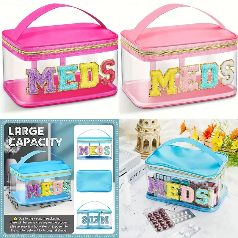 Glittery MEDS Letter PVC Cosmetic Bag Turquoise Travel Makeup Organizer Zipper Closure Large Capacity Easy Clean Stylish High