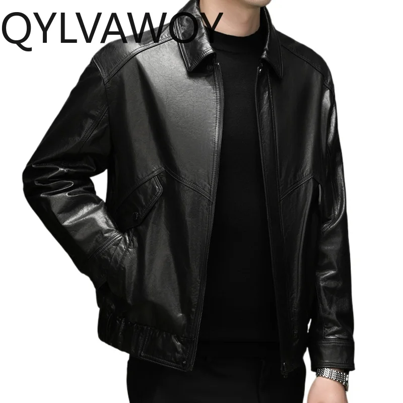 

QYLVAWOY Top Layer Cowhide Leather Jackets Man New Real Leather Short Jackets for Man Lapel Coats Black Jackets Stylish Chaqueta