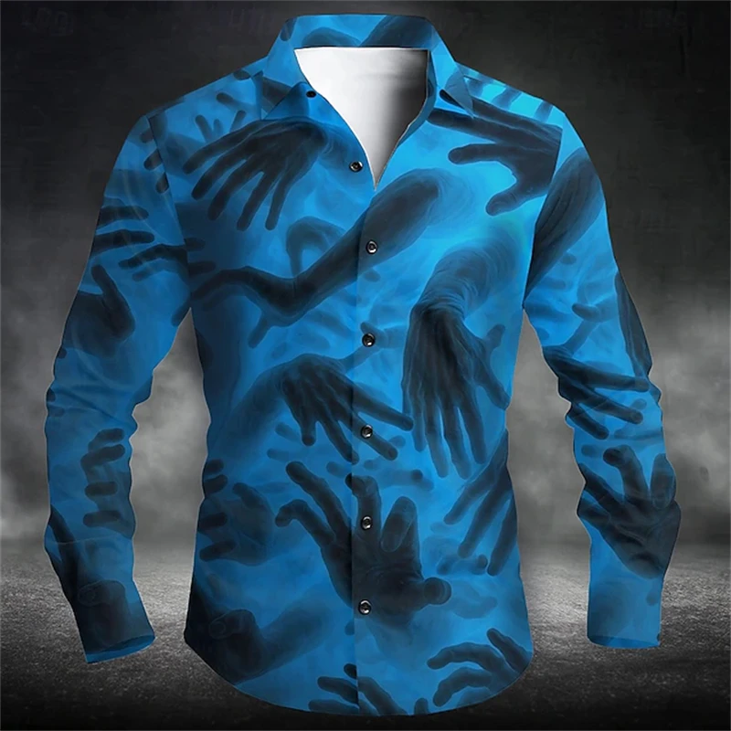 

2025 Хэллоуин Мужская рубашка с принтом «Тысяча рук» с лацканами, однобортный топ с длинными рукавами, свободная одежда для праздничных вечеринок